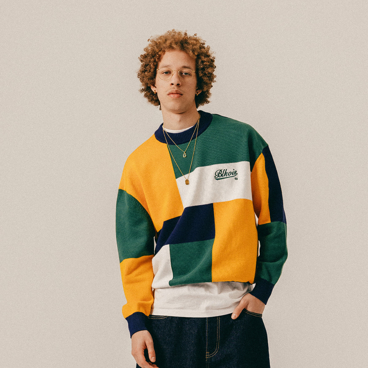 PATCHWORK KNITTED CREWNECK - PEACOAT