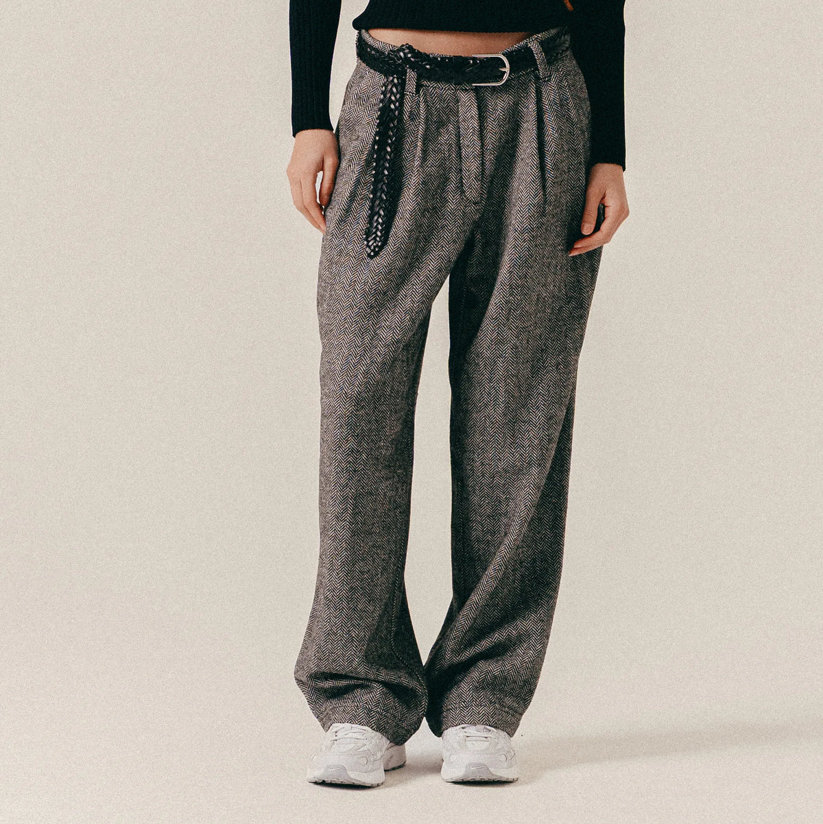 HERRINGBONE WOOL SUIT TROUSERS - BLACK