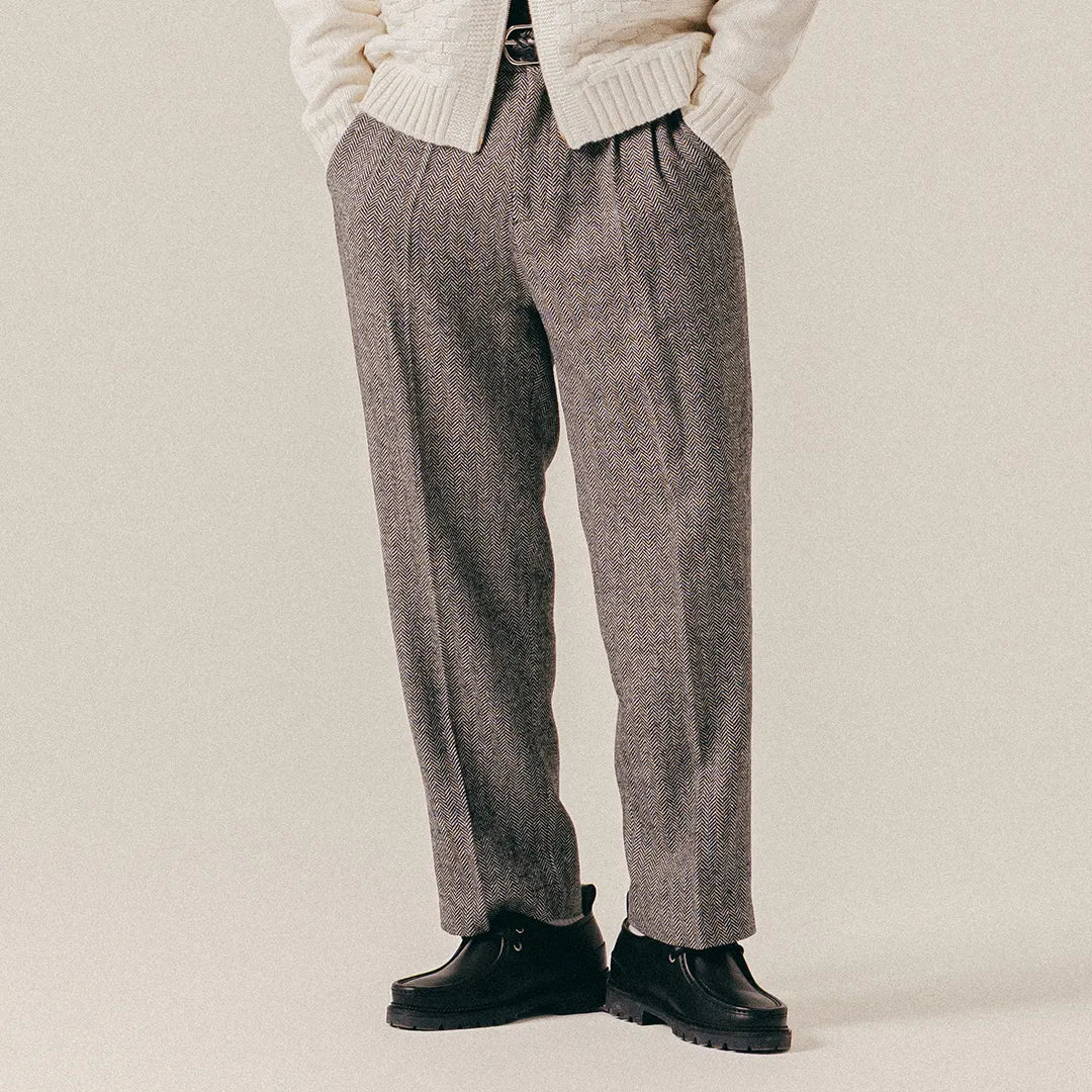 HERRINGBONE WOOL SUIT TROUSERS - BLACK