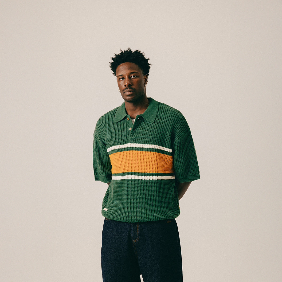 WAFFLE KNIT POLO - HUNTER GREEN