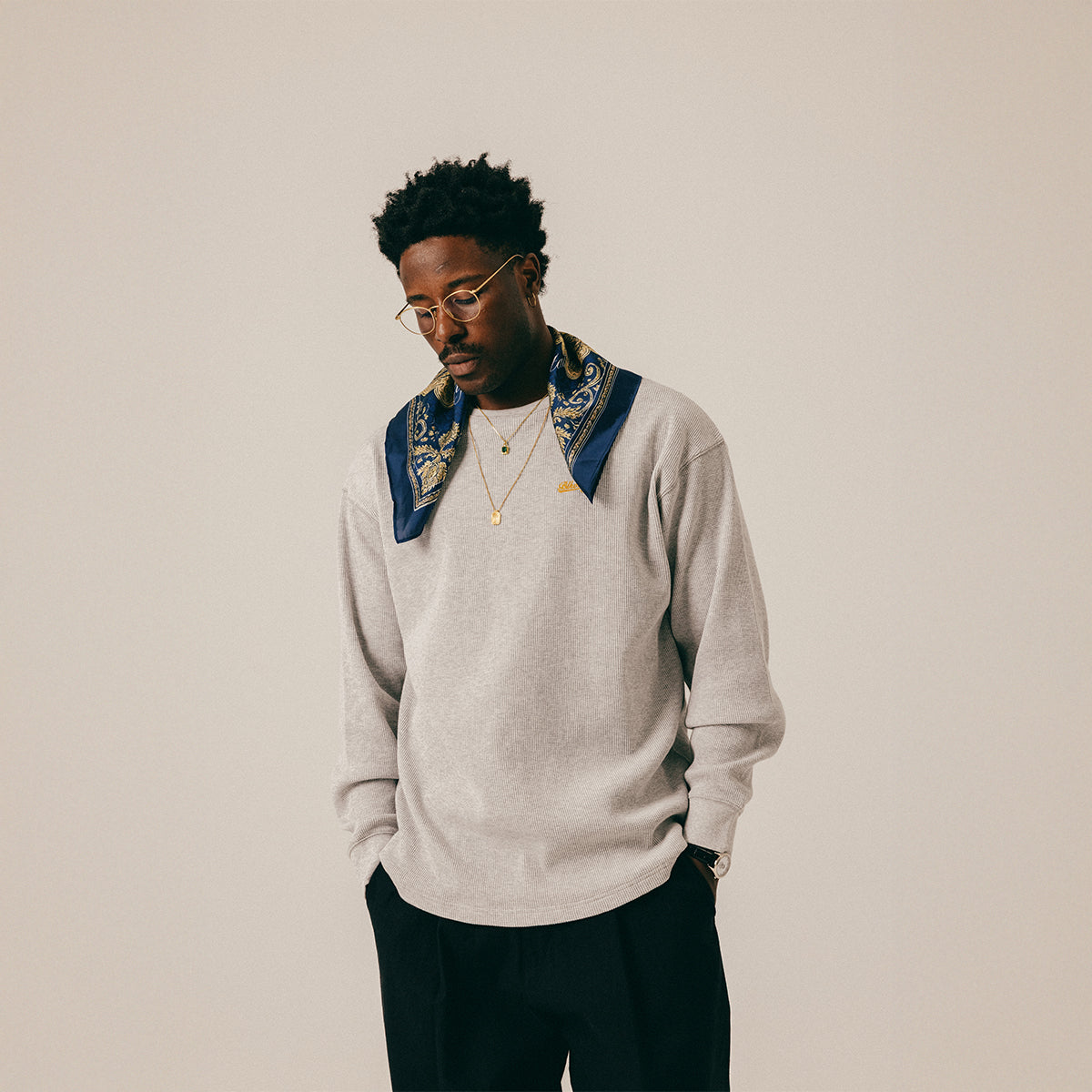 SCRIPT WAFFLE LONGSLEEVE - LIGHT GREY HEATHER