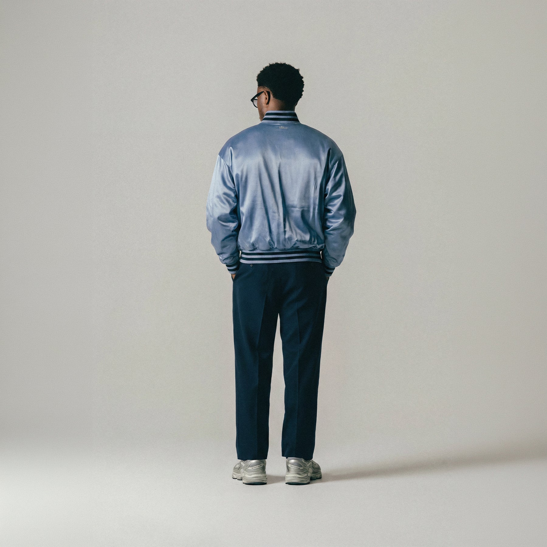 WASHED SATIN VARSITY JACKET - STONE WASH BLUE