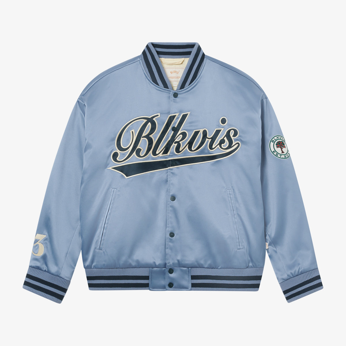 WASHED SATIN VARSITY JACKET - STONE WASH BLUE