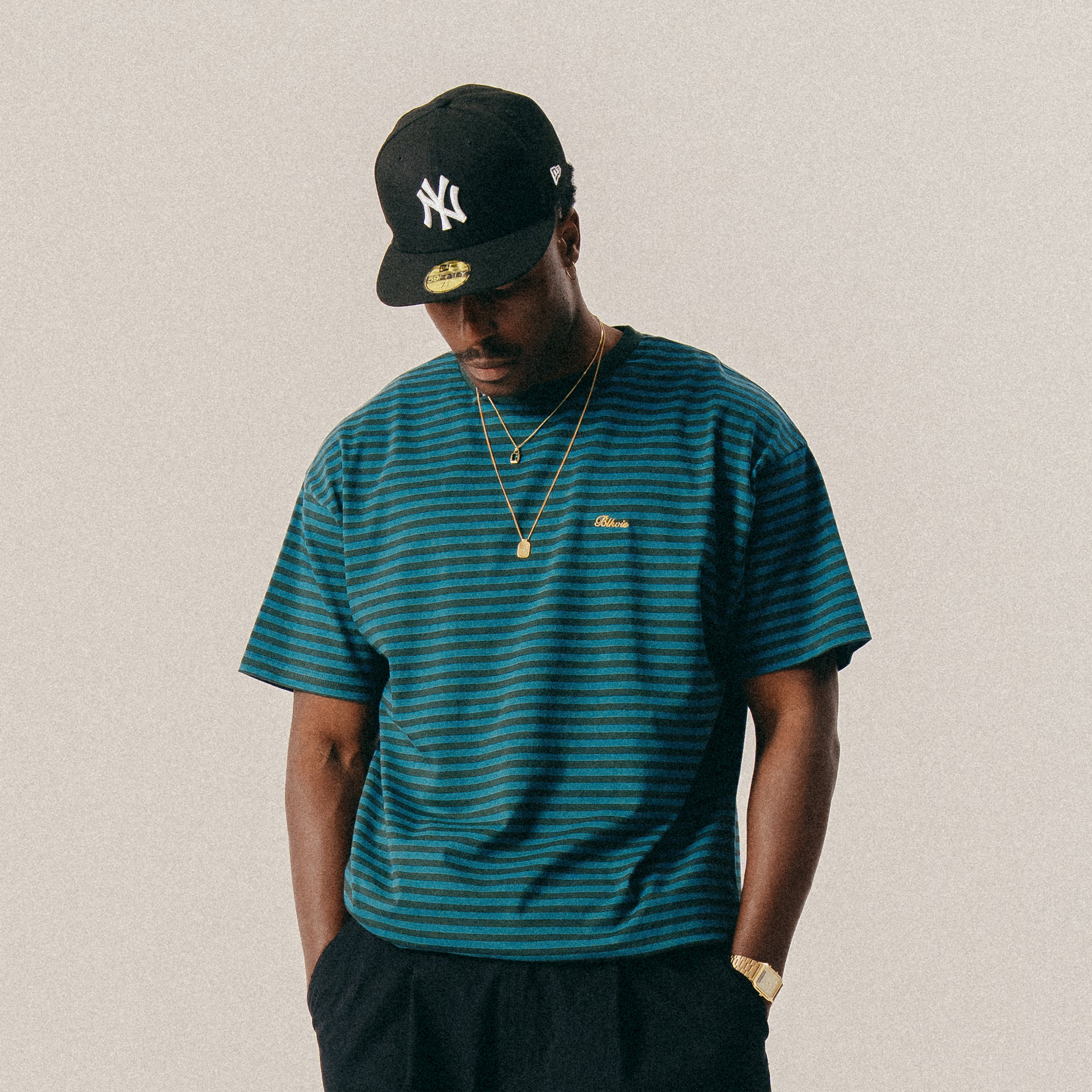 BLKVIS SCRIPTED STRIPED SLUB TEE - DARKEST SPRUCE