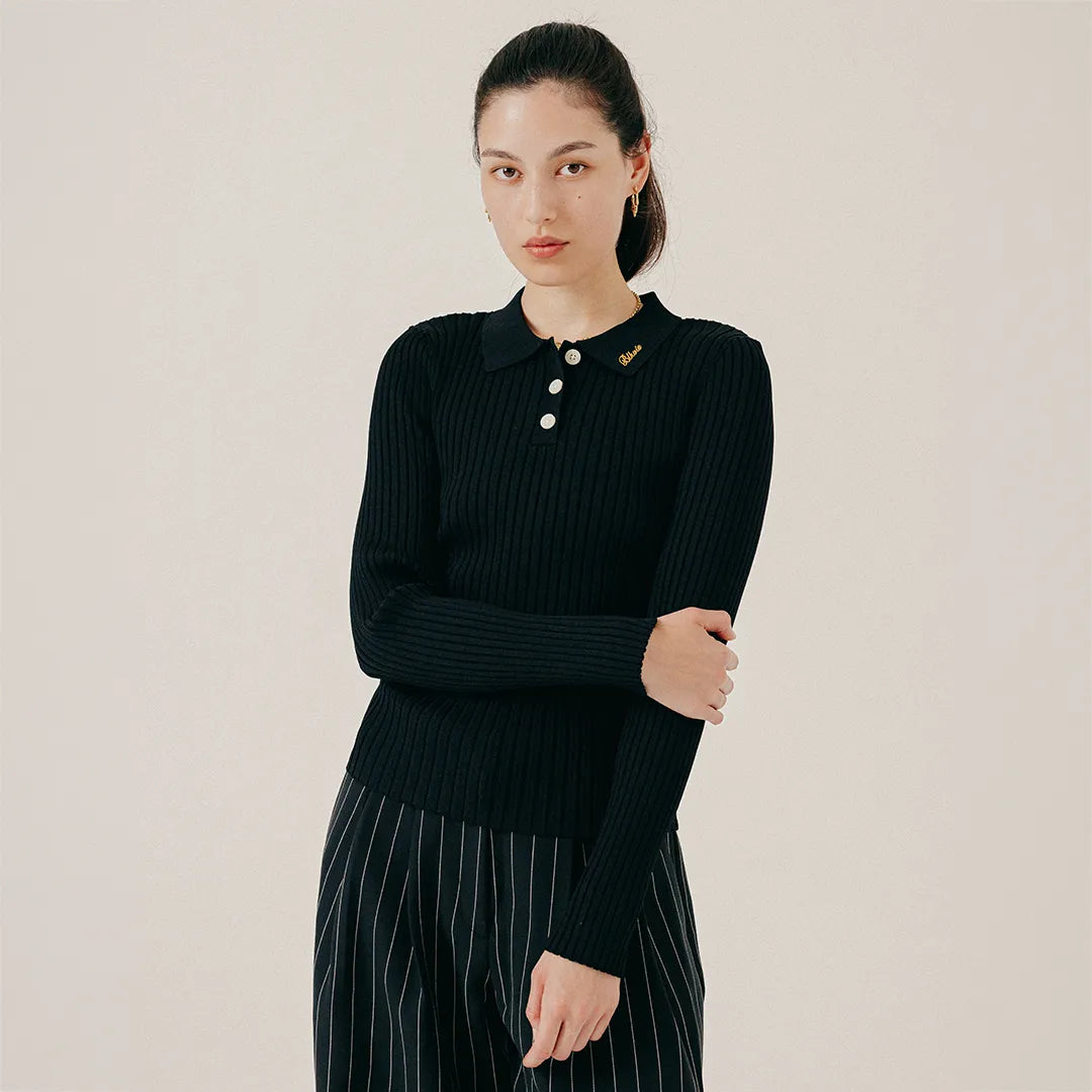 RIB KNITTED POLO - BLACK
