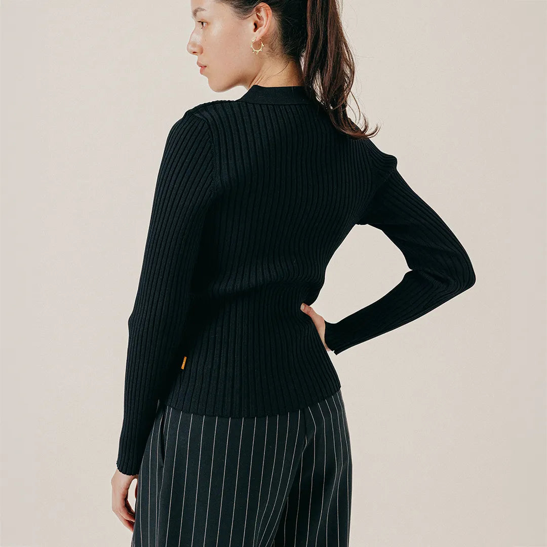 RIB KNITTED POLO - BLACK