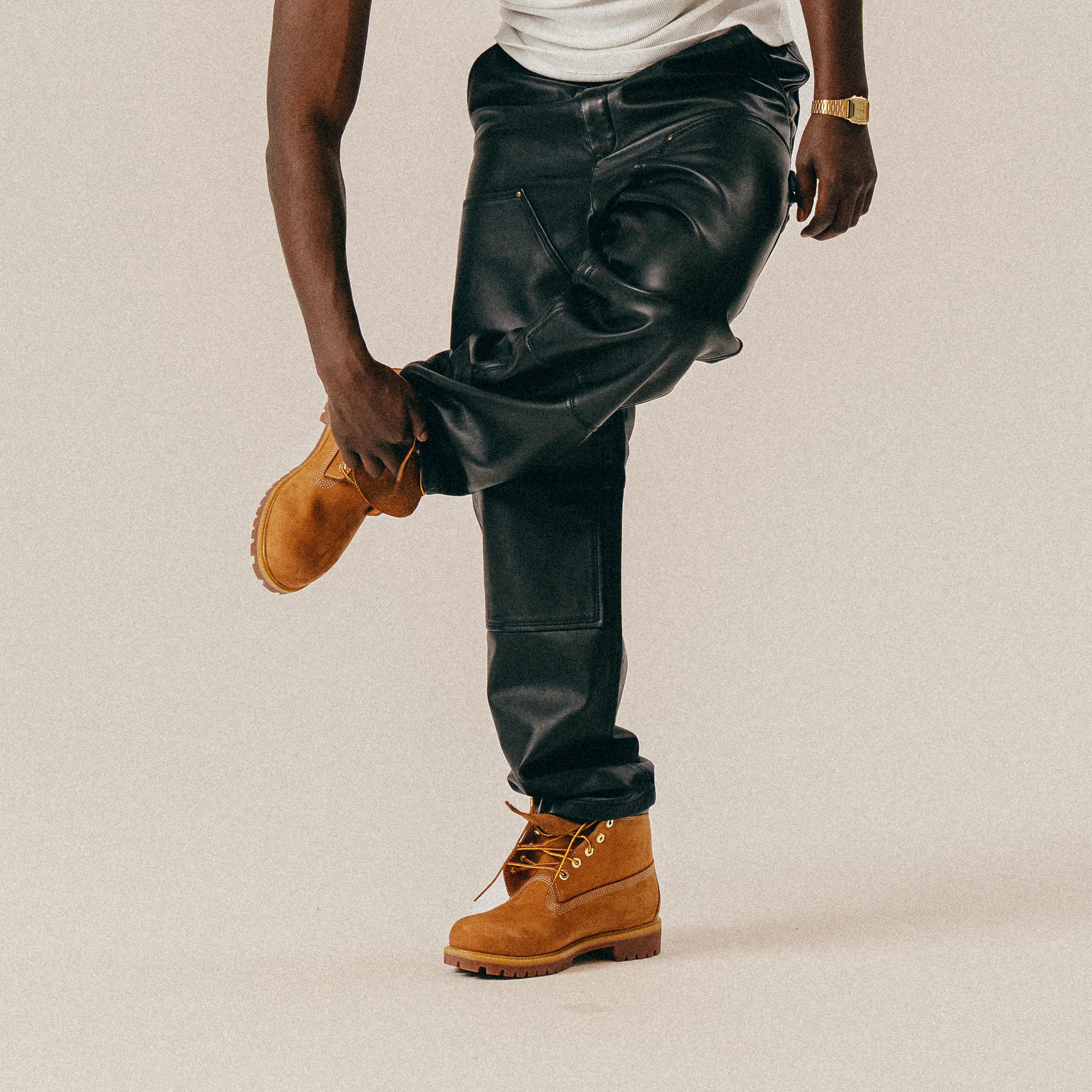 BLKVIS DOUBLE KNEE LEATHER PANTS - BLACK