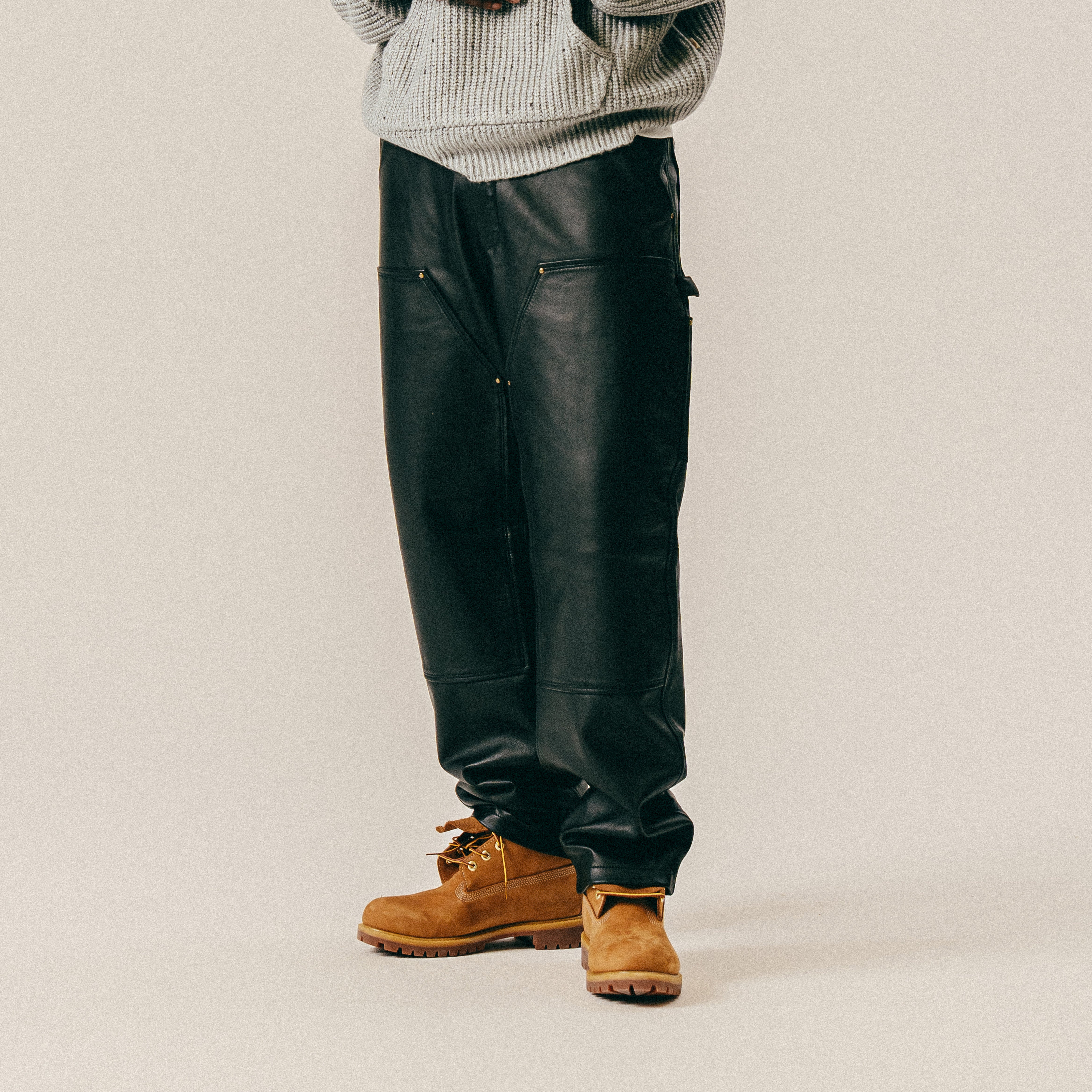 BLKVIS DOUBLE KNEE LEATHER PANTS - BLACK