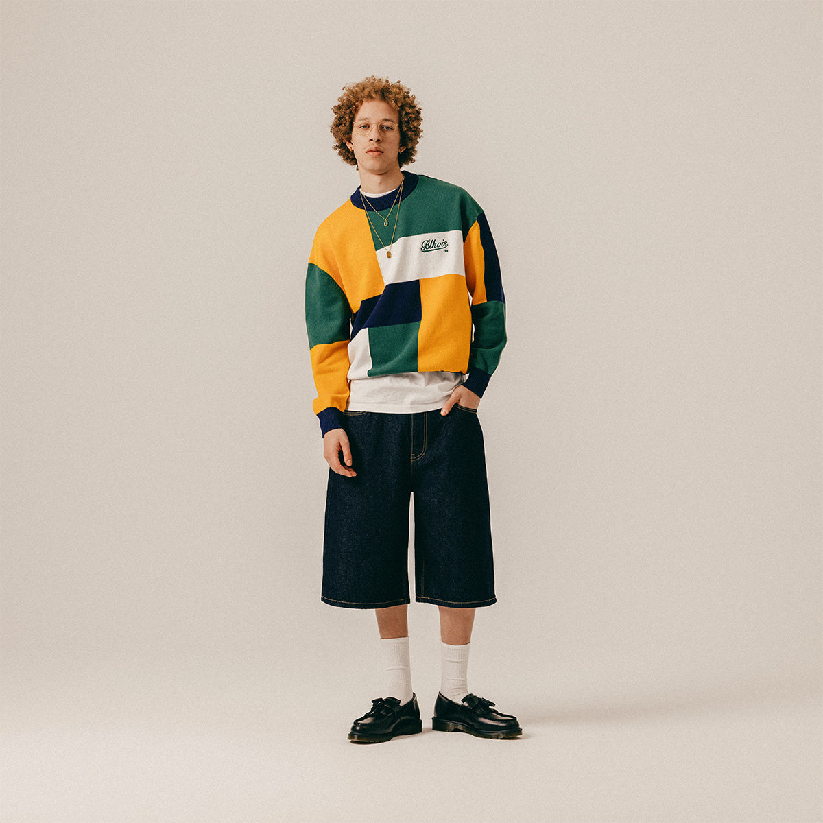 PATCHWORK KNITTED CREWNECK - PEACOAT