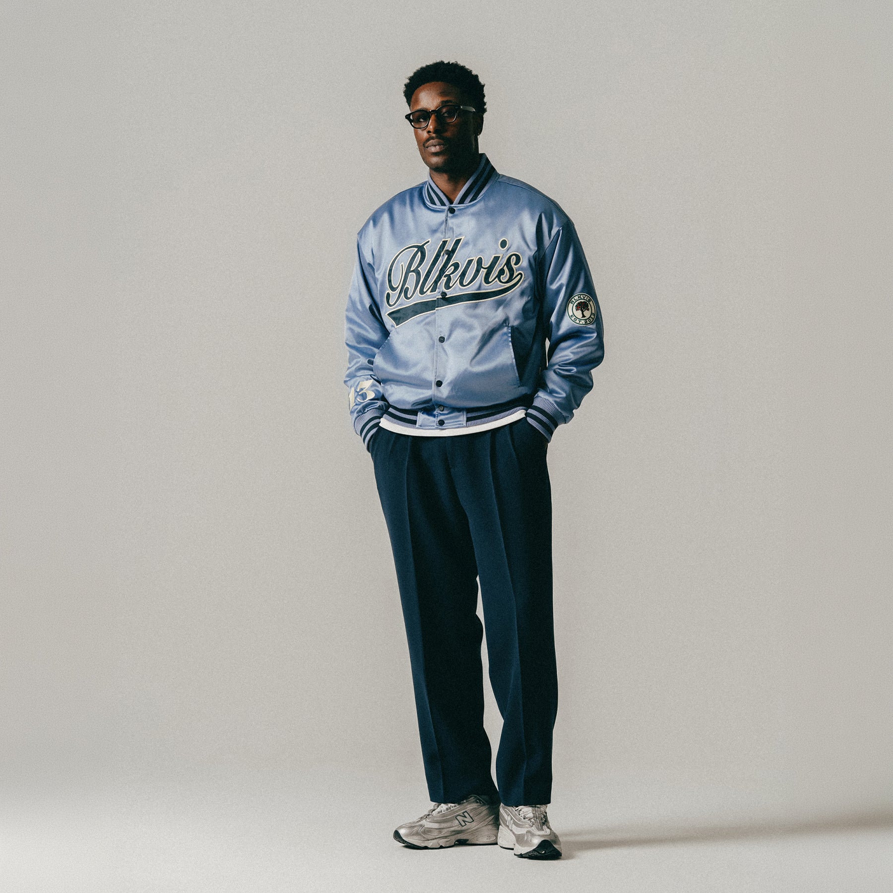 WASHED SATIN VARSITY JACKET - STONE WASH BLUE