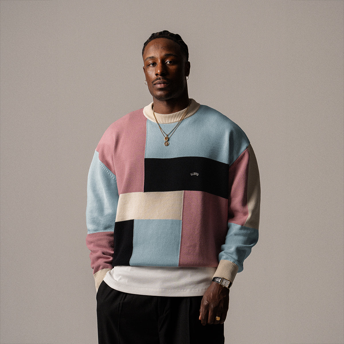 BLKVIS LOGO PATCHWORK CREWNECK - ANTIQUE WHITE